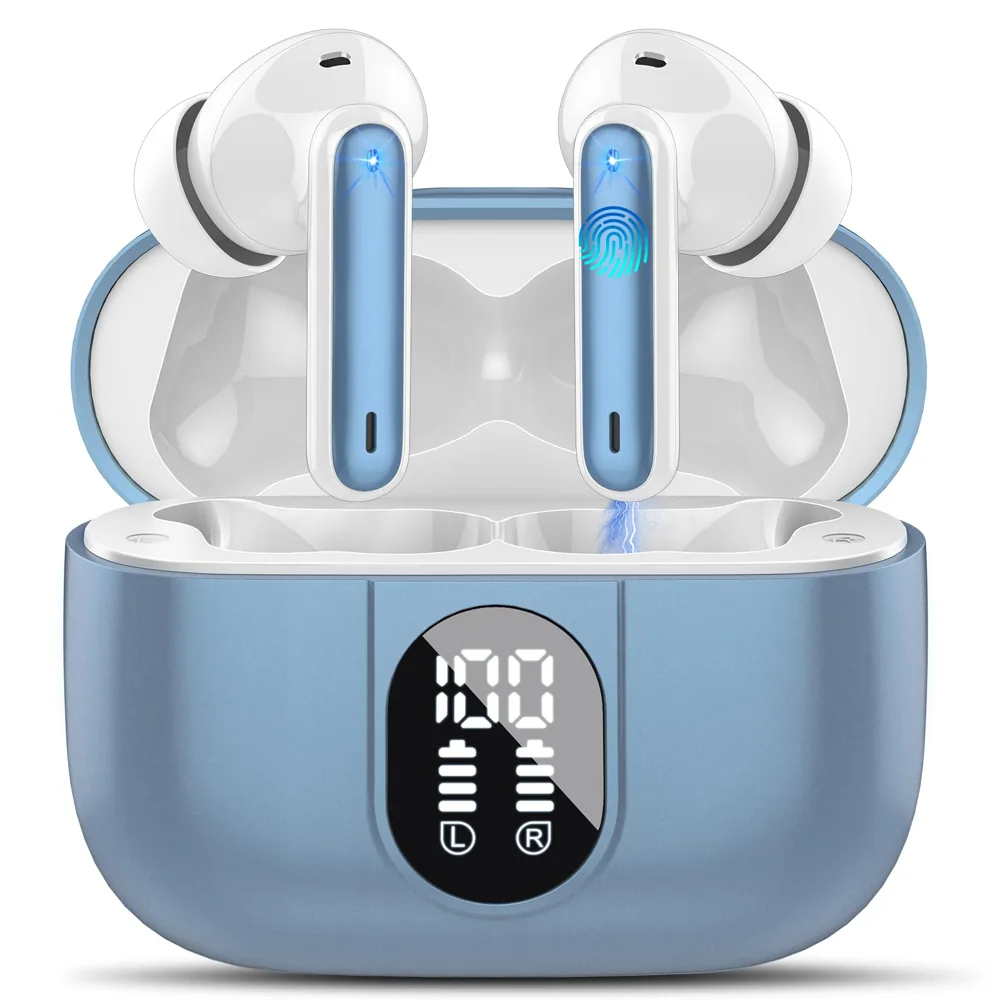 Csasan Auriculares Inalámbricos Bluetooth 5.3 Estéreo con 4 ENC Cancelación Ruido, 40H Control Táctil, IP7 Impermeable in Ear, Azul