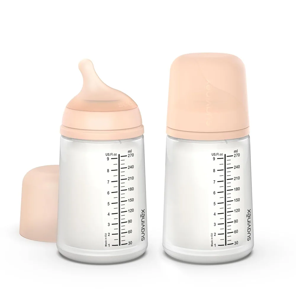 Suavinex, Pack 2 Biberón Anticólico Zero Zero 270 ml con Tetina de Flujo Medio (M) de Silicona, Bebés +3 Meses, para Leche Materna, de Fórmula y Líquidos Densidad Media, Compatible Lactancia, Fair