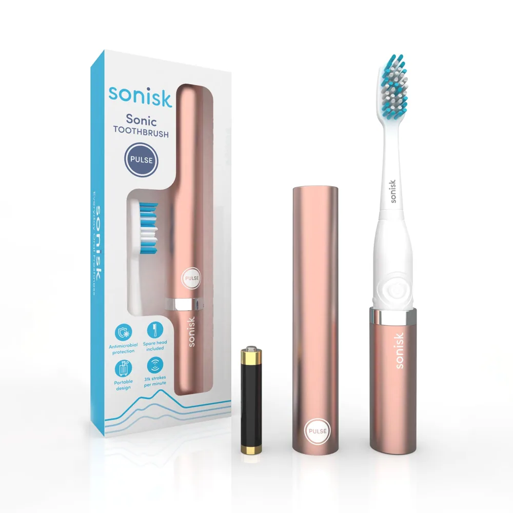 Sonisk Pulse | Cepillo de dientes eléctrico con pilas | Tecnología Sonic | 1 batería, 2 cabezales de cepillo, 31 000 movimientos por minuto, antimicrobiano, tamaño portátil, gold