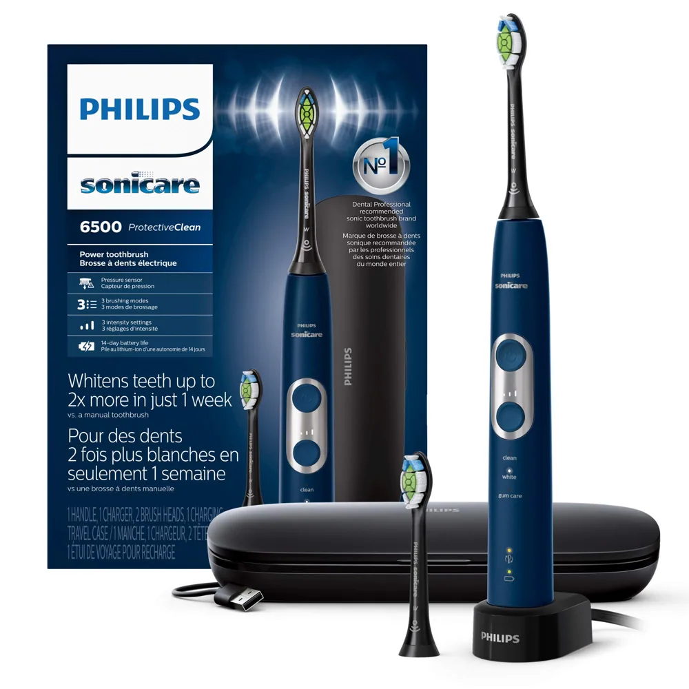 Philips Sonicare ProtectiveClean 6500 HX6462/07 - Cepillo de dientes eléctrico recargable con estuche de viaje de carga y cabezal de cepillo extra, azul marino