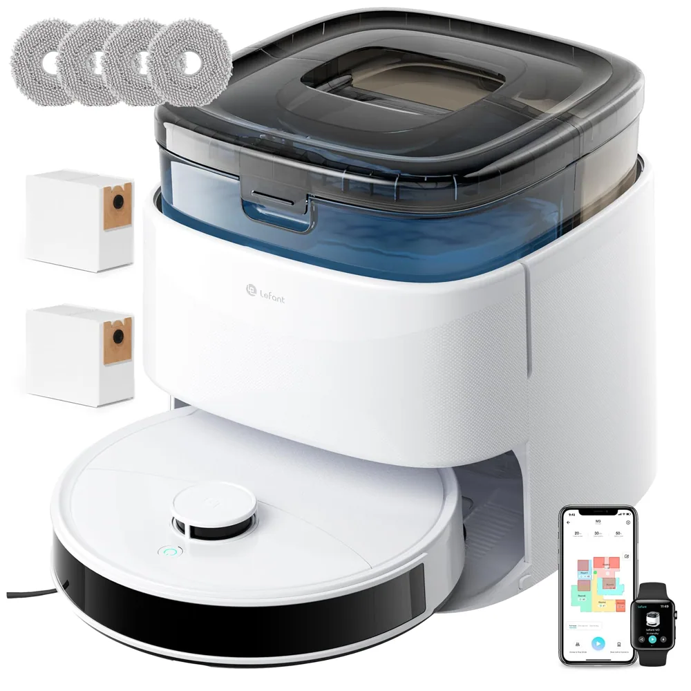 Lefant M3 Robot Aspirador con Mapeo, 12000Pa, Navegación dToF LiDAR, Evitar obstáculos PSD, llenado de Vaciado, Lavado y Secado automático, WiFi/Alexa/App, Blanco