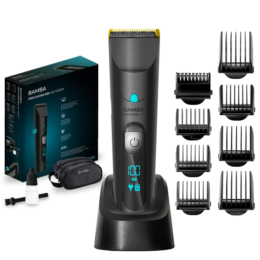 Cecotec Cortapelos Bamba PrecisionCare Wet&Dry. Cuchillas Acero Inoxidable con Revestimiento de Titanio, Batería de litio, Autonomía hasta 120 min, Longitudes 0,5-30 mm, 8 Peines